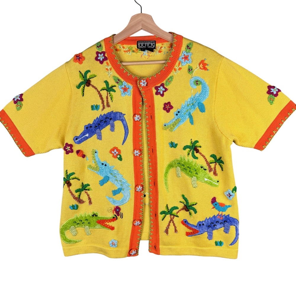 Berek Yellow Tropical Alligator Palm Tree Beaded Short Sleeve Cardigan Large